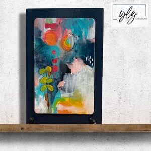 Abstract Acrylic Art Original Mini Painting  Blue Pink Green Yellow Leaves 4